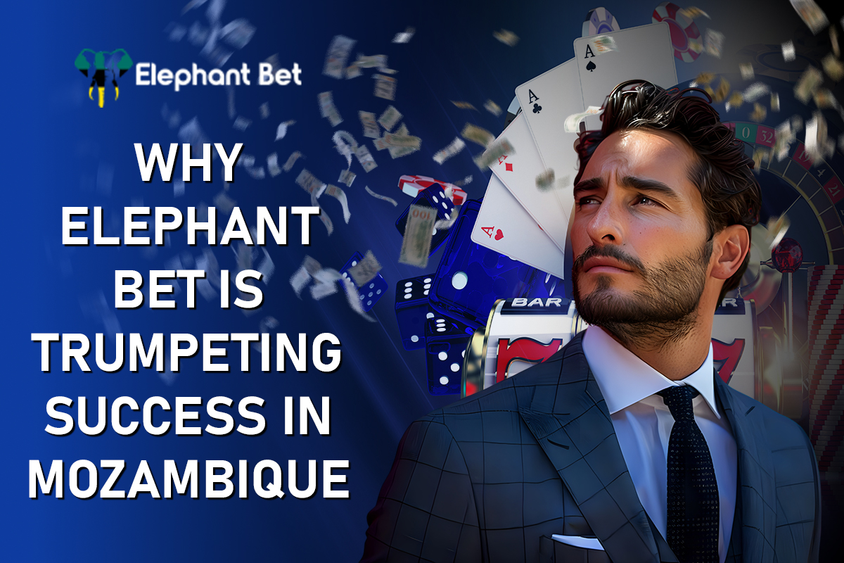 Elephant Bet's success in Mozambique – confident man in a suit with a casino-themed background of cards, dice, and money